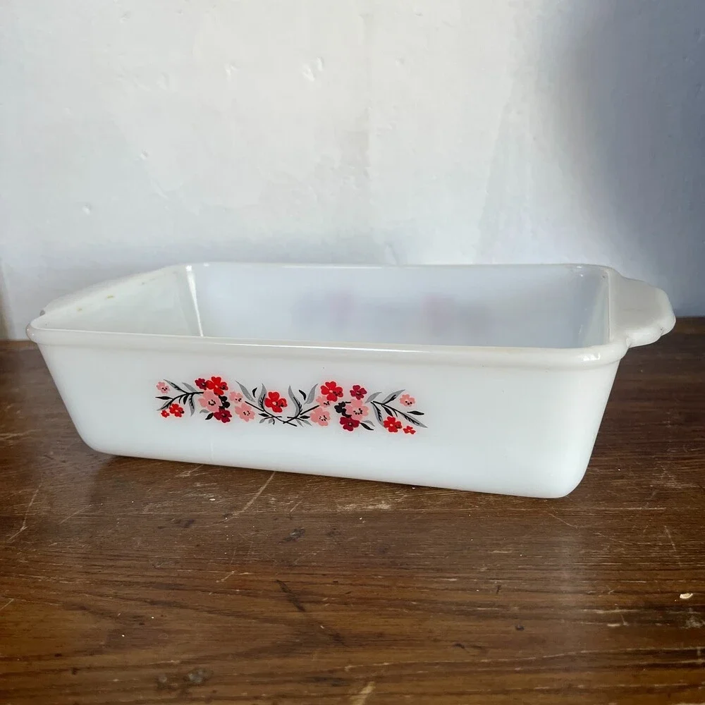 VTG Fire King Primrose Milk Glass Bread Loaf Pan 409 Baking Dish 1 Qt Floral USA